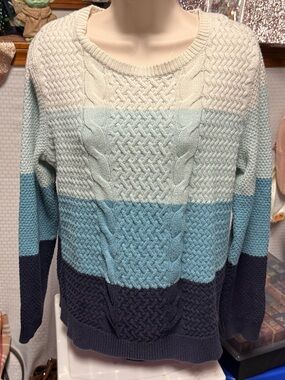 croft & barrow Striped Cable Knit Crewneck Sweater in Cream, Light Blue and Navy